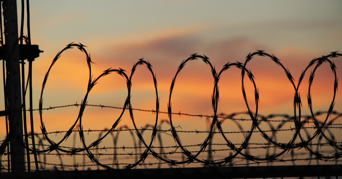 Barbed wire in front of a sunset.