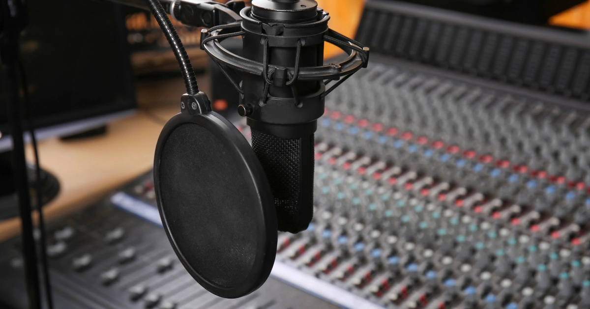 inside the radio station. A microphone and soundboard