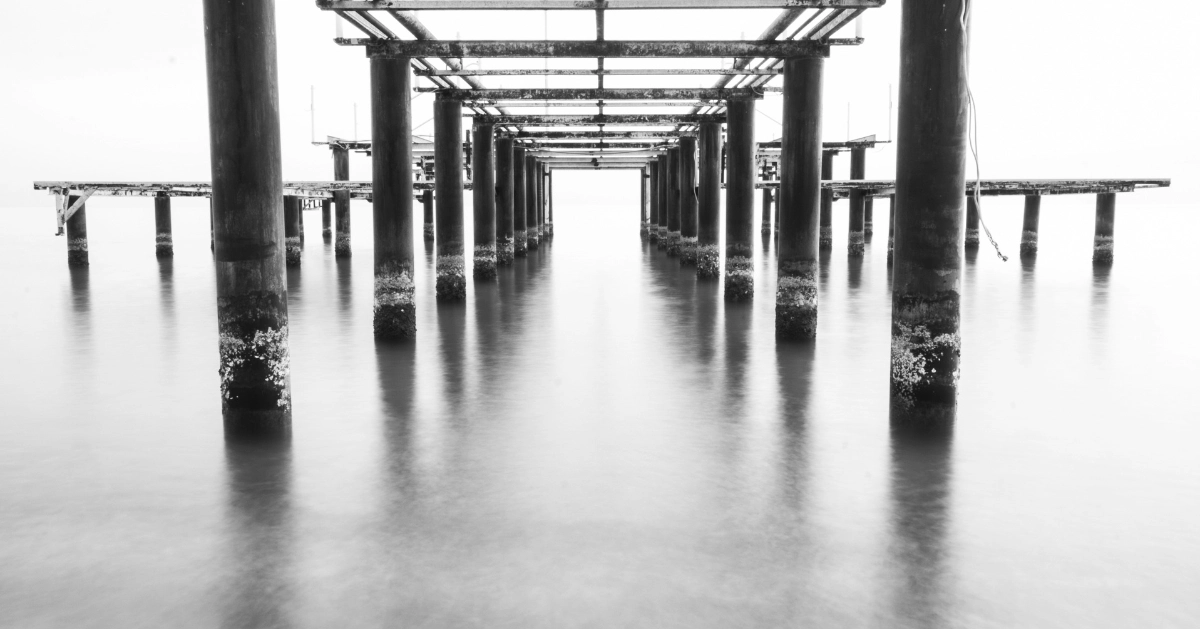 under a pier seeing rows of wooden poles