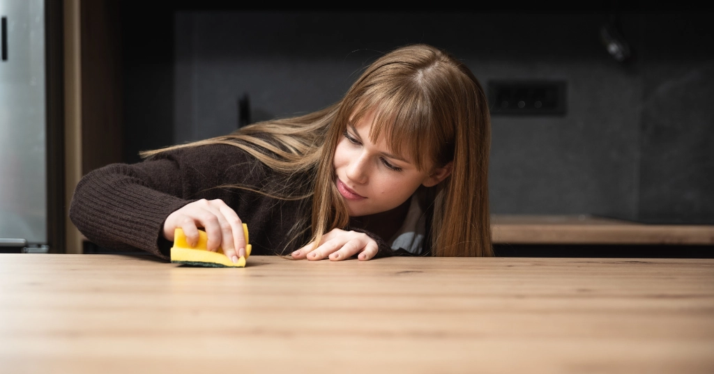 A young woman struggling with OCD cleans the kitchen cooktop to calm her anxiety.